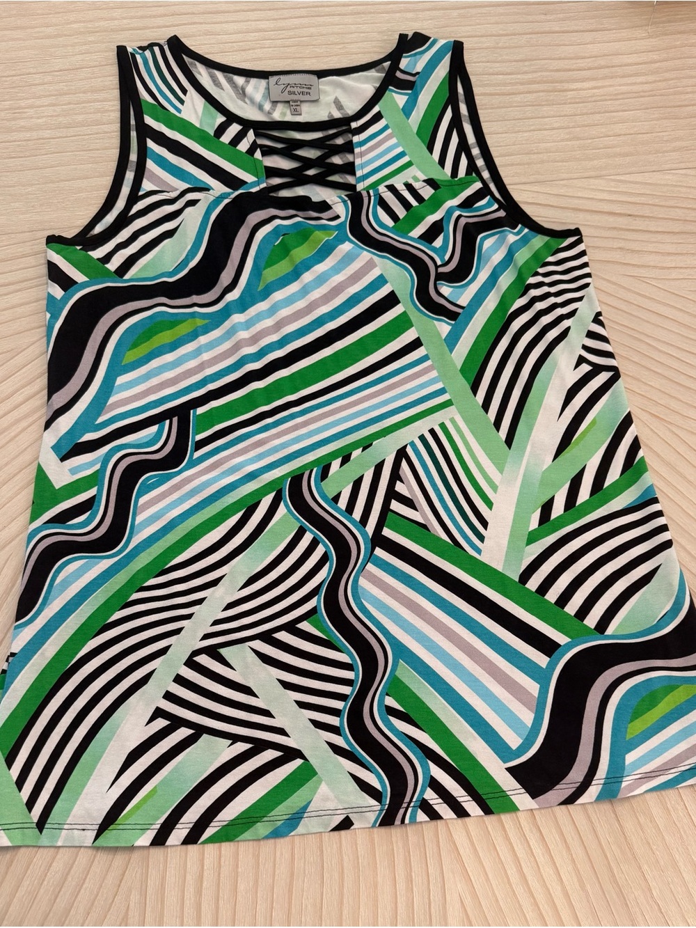 Sleeveless Striped Geometric Tank Top — Green Multicolor